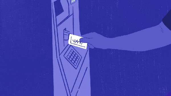 An illustration of a hand placing a card into a machine on a blue background