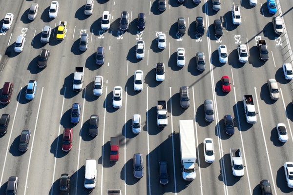 Aerial view of traffic on highway.