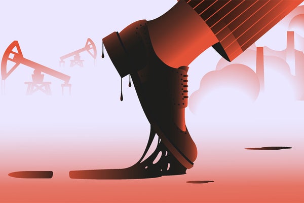 Illustration, man leaving dirty footprint on a ground with oily substance, oil wells and smokestacks in the background