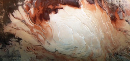 Icy cap that covers the Martian south pole, composed of frozen water and frozen carbon dioxide.