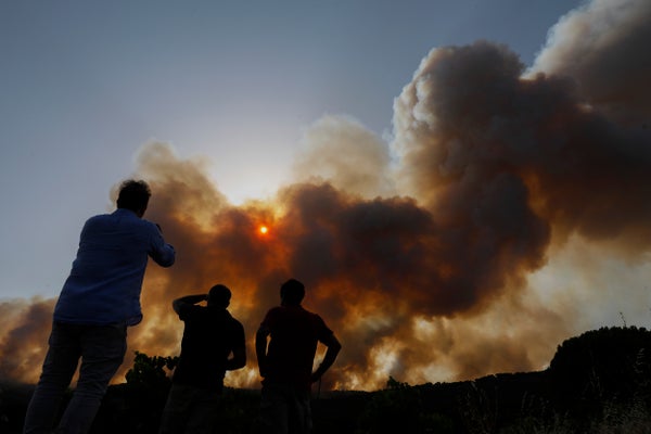 People watch a forest fire in Avila, Spain
