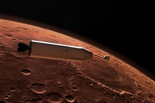 This illustration shows a concept for a Mars Ascent Vehicle (left) releasing a sample container (right) high above the Martian surface.