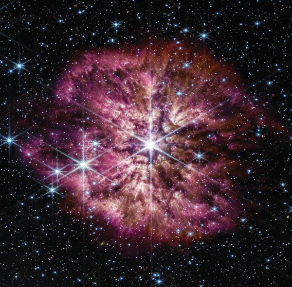 A composite image showing a bright pink star surrounded by smaller stars in space.