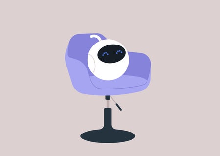 Cute round robot sitting in the armchair