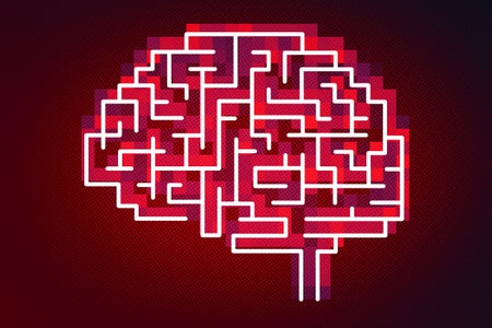 Pixelated brain icon on red