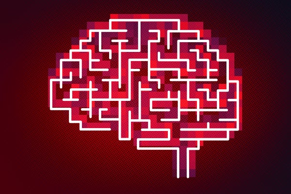 Pixelated brain icon on red