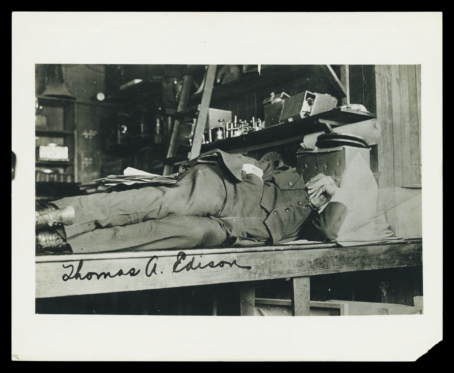 Thomas Edison resting in his laboratory in New Jersey,