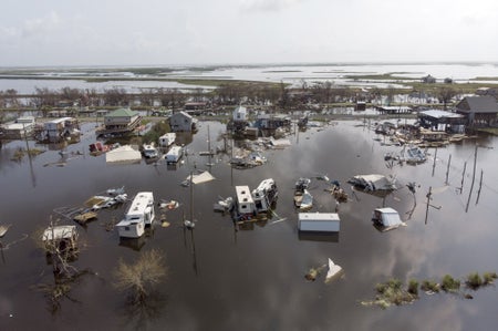 Aerial view of flooded homes