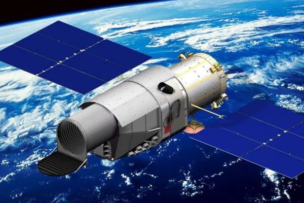 An illustration of the Xuntian Space Telescope with Earth in the background