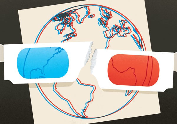 A pair of broken 3-D glasses with a blue lens and a red lens looking toward an illustration of Earth.