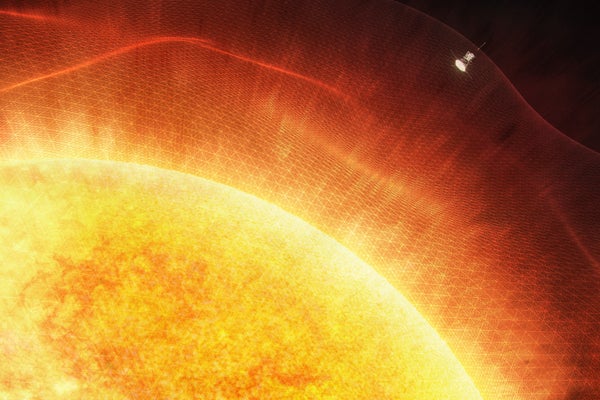 A closeup of the Sun's corona showing an approaching solar probe.