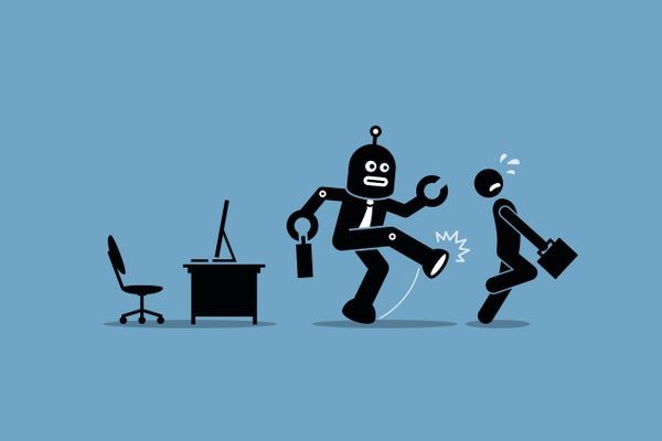 Robot employee kicks away a human worker from doing his computer job at office