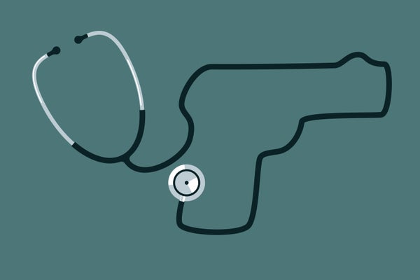 Stethoscope with pistol-shaped rubber tubes.
