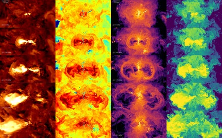 Views of gas outflow from a supermassive black hole in a cosmic simulation lasting 500 million years.