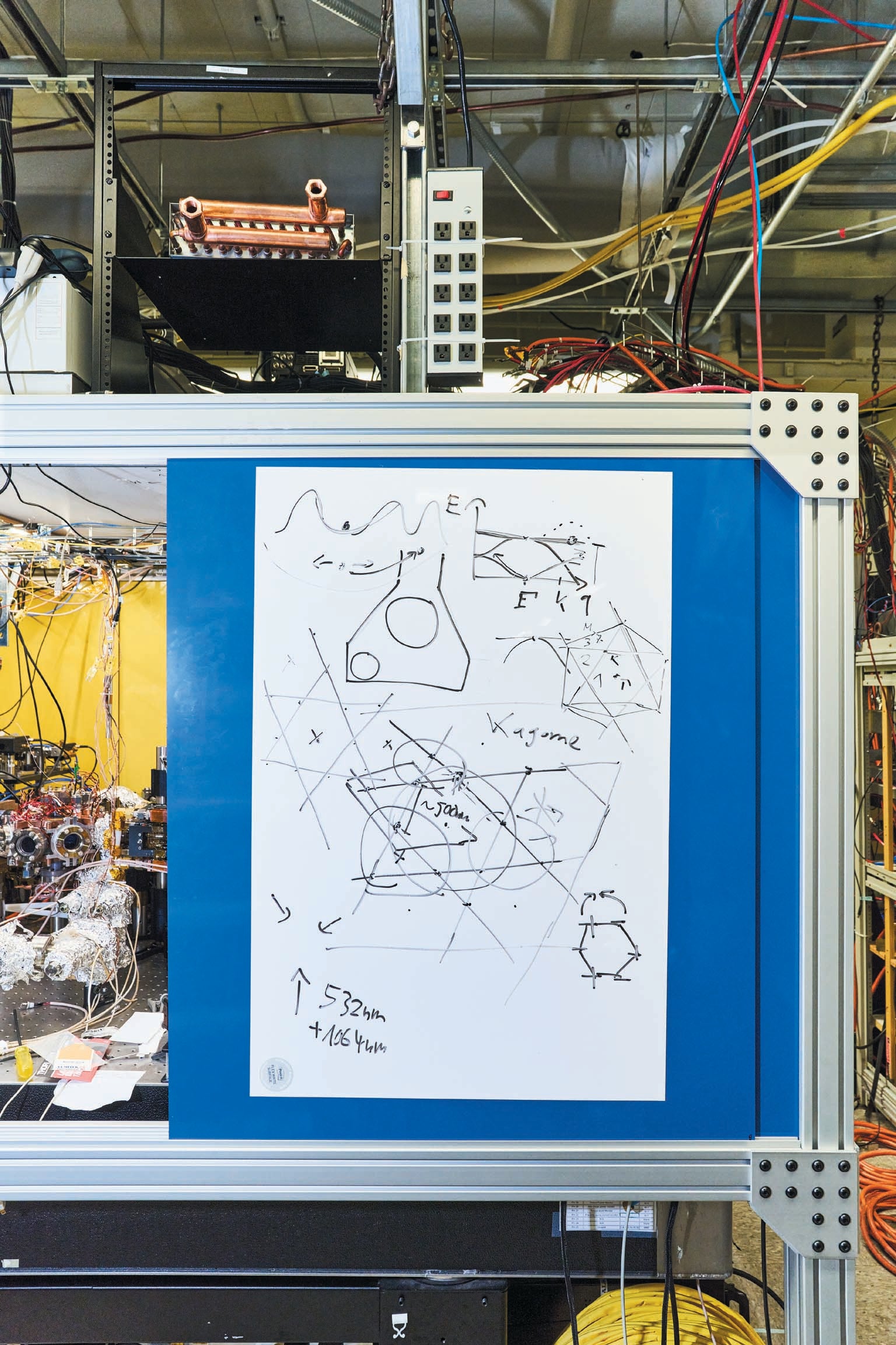 Diagram on a board in a lab setting.