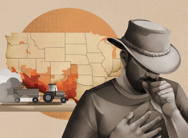 Illustration of a man coughing in front of a map of the United States and a tractor.