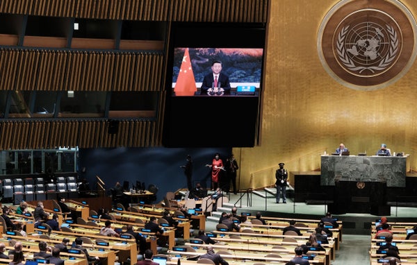 Chinese president Xi Jinping virtually addresses the 76th Session of the UN General Assembly on September 21, 2021 in New York.