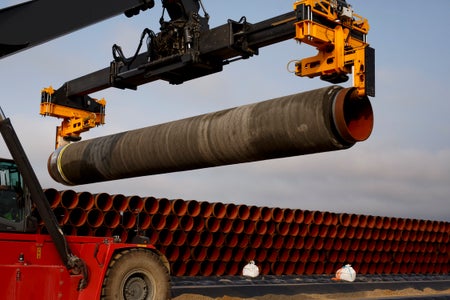 Pipe is loaded for stacking at the Nord Stream 2 facility.