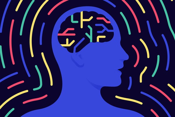 A person mental health brain activity concept illustration human head and brain.