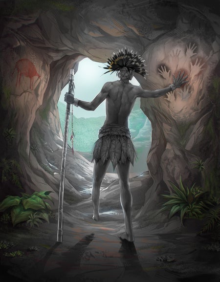 An artist's rendering of a prehistoric individual whose lower left leg was amputated in childhood