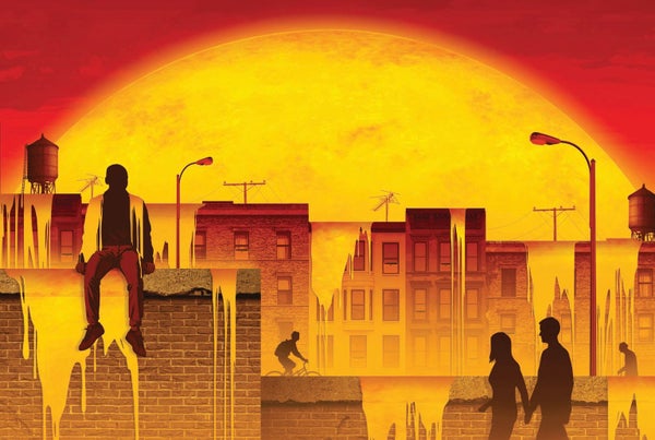 Illustration of people in a city with a yellow and orange background depicting the heat.