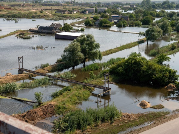 Flooded homes in rural landscape of Ukraine