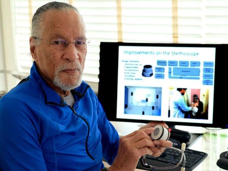 Dr. West holding a "smart" stethoscope