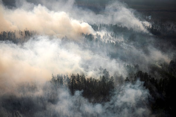 Aerial of smoke rising from a forest fire in Siberia.