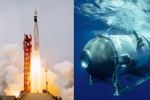 Rocket launch (left). Submersible underwater (right).