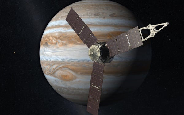 An illustration of Juno in orbit around Jupiter