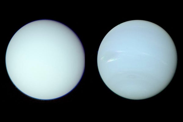 Image of Uranus on the left and Neptune on the right on a black background