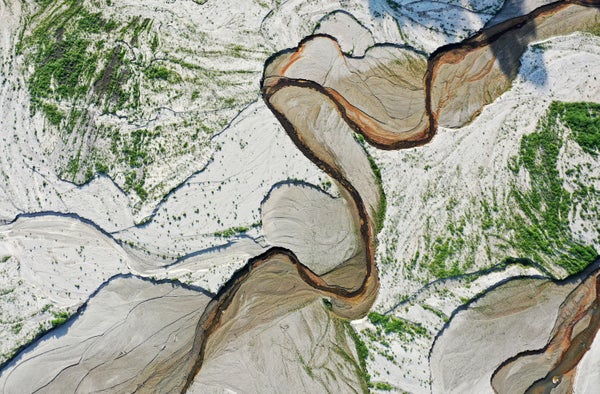 Aerial view of dry river bed.