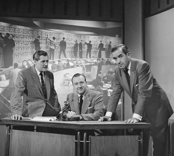 Black and white photo of Eric Sevareid, Walter Cronkite and Edward R. Murrow