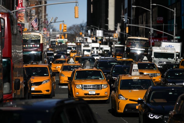 Traffic moves along 7th Avenue in Manhattan, January 25, 2018 in New York City