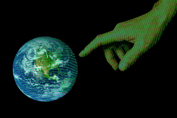 Artist's impression of Earth seen from space, with a giant hand reaching out to touch it; both the planet and the hand are overlaid with ones and zeros.