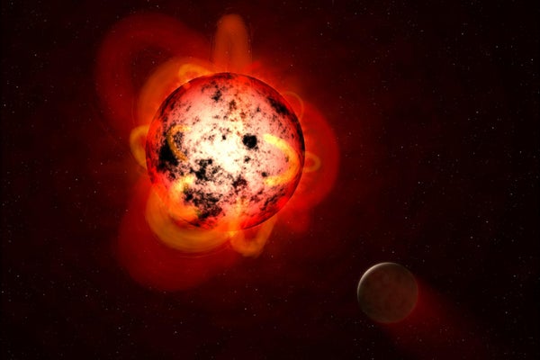 An illustration showing a red dwarf star orbited by a hypothetical exoplanet.