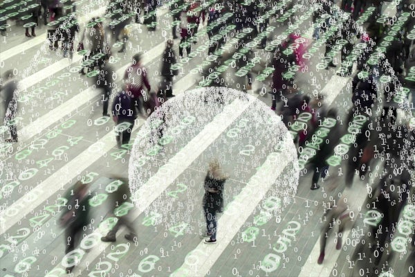 People at busy intersection with visualization of a mobile computing device sending out computer code and revealing it's location.