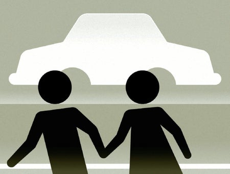 Illustration of two people walking in front of a car.