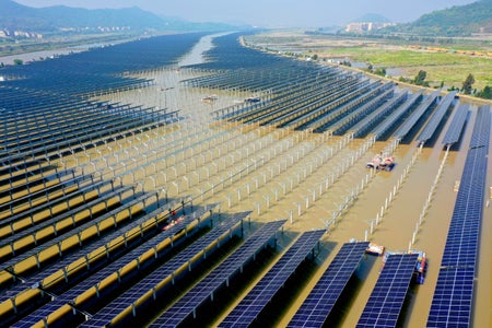 Aerial view of the construction site of Jiangxia Tidal Power Station.