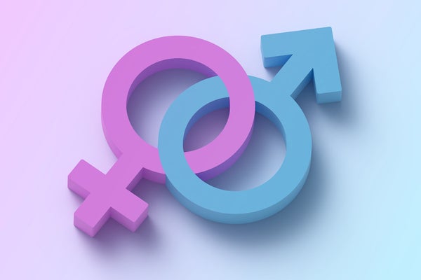 Three-dimensional gender symbols, interconnected, pink and blue color.