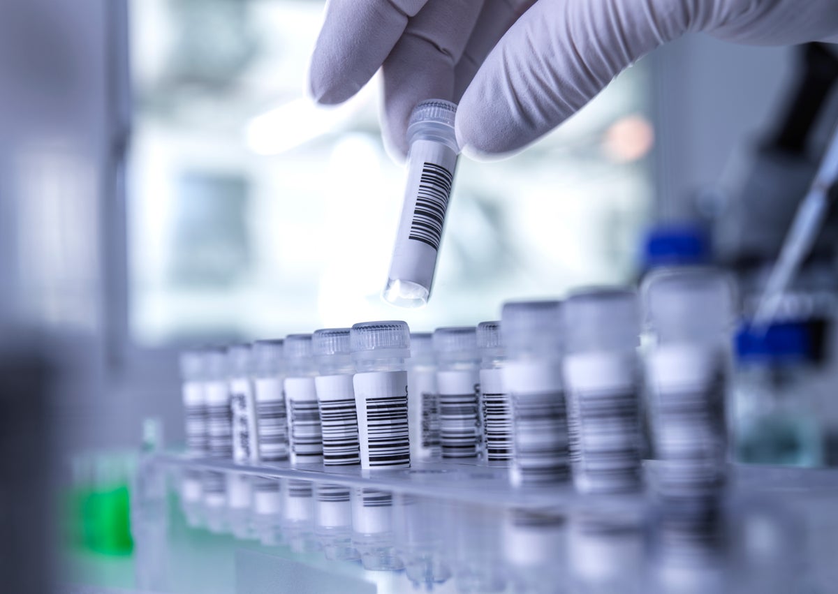 Hand of scientist wearing protective glove handling human saliva samples in laboratory.