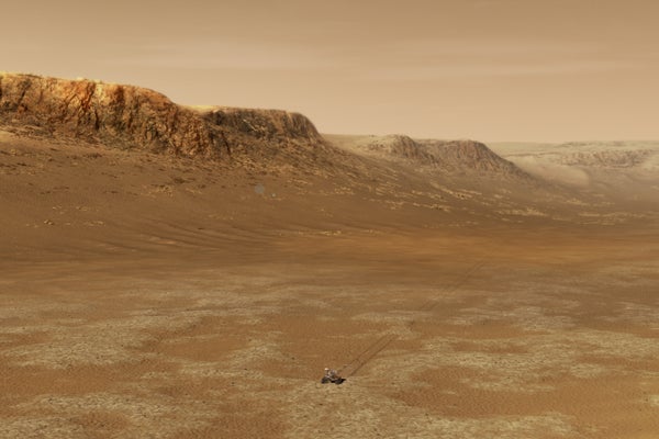 An illustration of NASA's Perseverance rover at work within Mars' Jezero Crater.