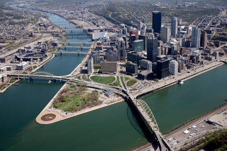 Aerial photograph of Pittsburgh PA skyline.