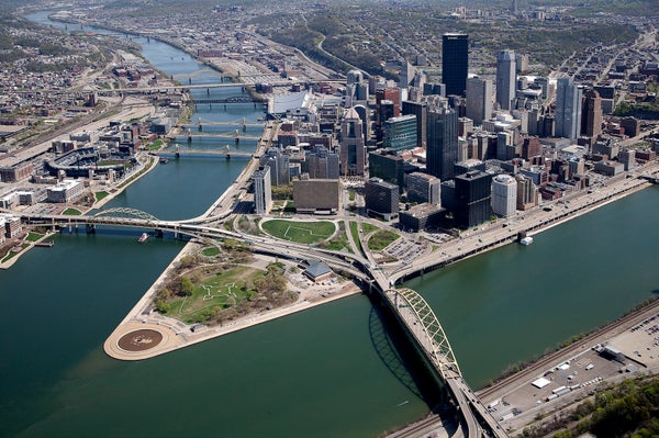 Aerial photograph of Pittsburgh PA skyline.