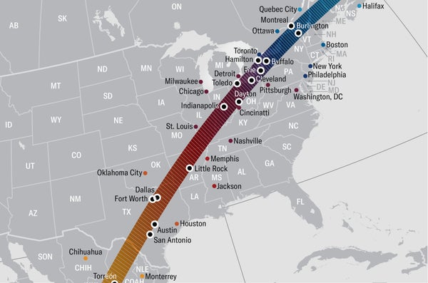 A band running across a map of North America marks the April 8 2024 path of totality.