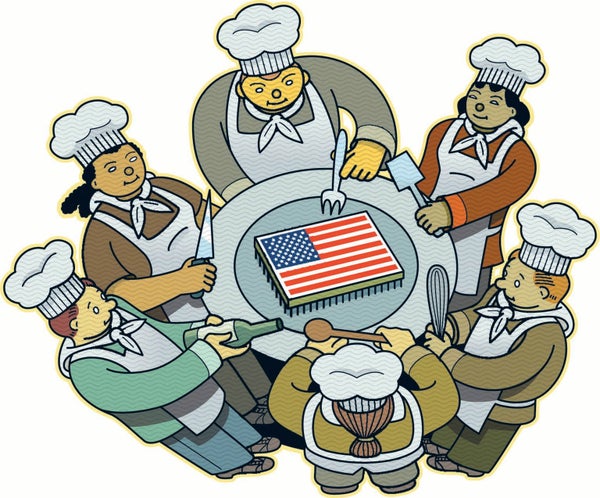 Illustration of four chefs standing in a circle with cooking instruments, with an American flag cake on the table.