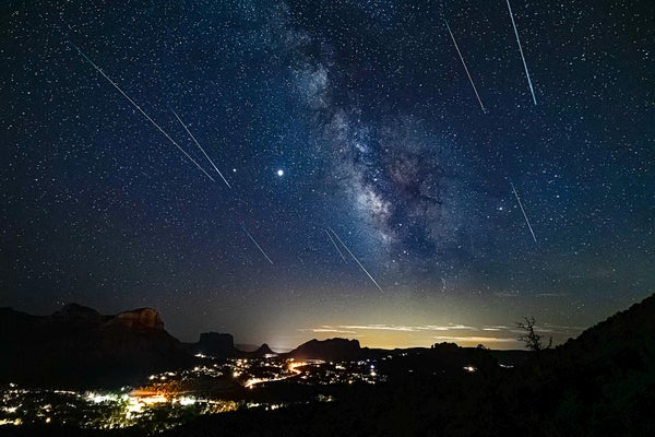 Perseid meteor shower over the red rocks of Sedona, Ariz.