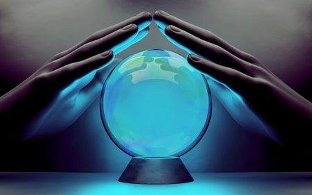 Artist's illustration of a pair of hands hovering above a crystal ball