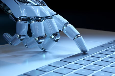 Robotic hand pressing a keyboard on a laptop in dark blue background 3D rendering