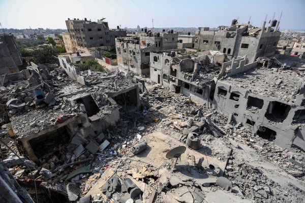 Aerial view of destoyed neighborhood in Gaza